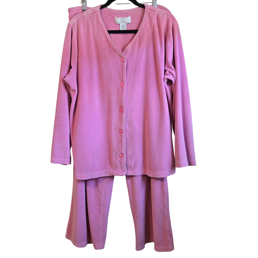 Karen Neuburger Cozy Pink Velour Pajama Set Women XL Button Front Cardigan Pants